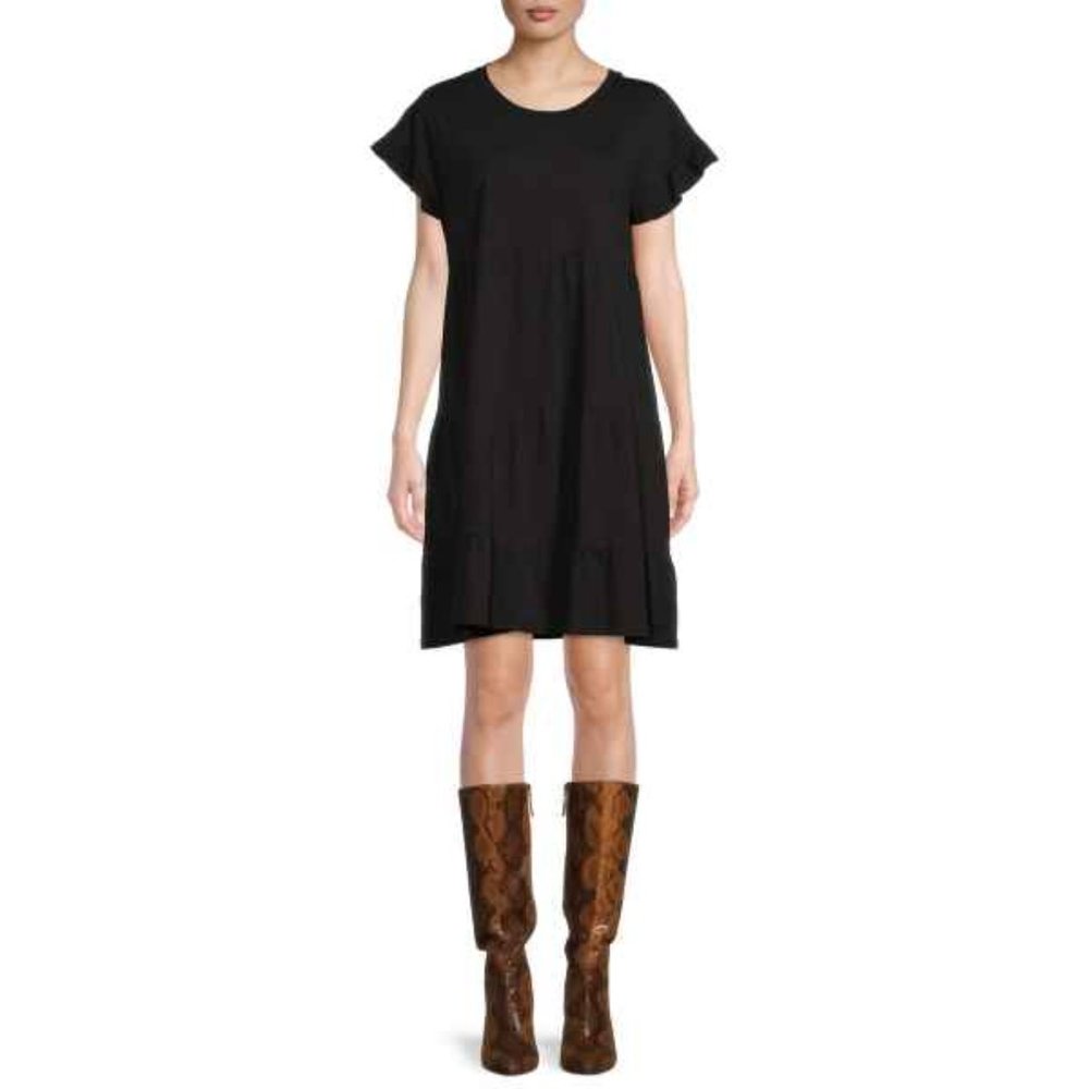 Black XL Time and Tru Women's Flutter Sleeve Knee Length Tiered Dress